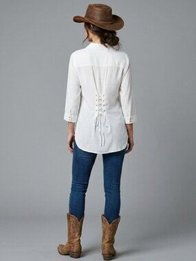 Bandolino Blu  White Button-Up Tunic Blouse Lace-Up Back Size XL Cotton